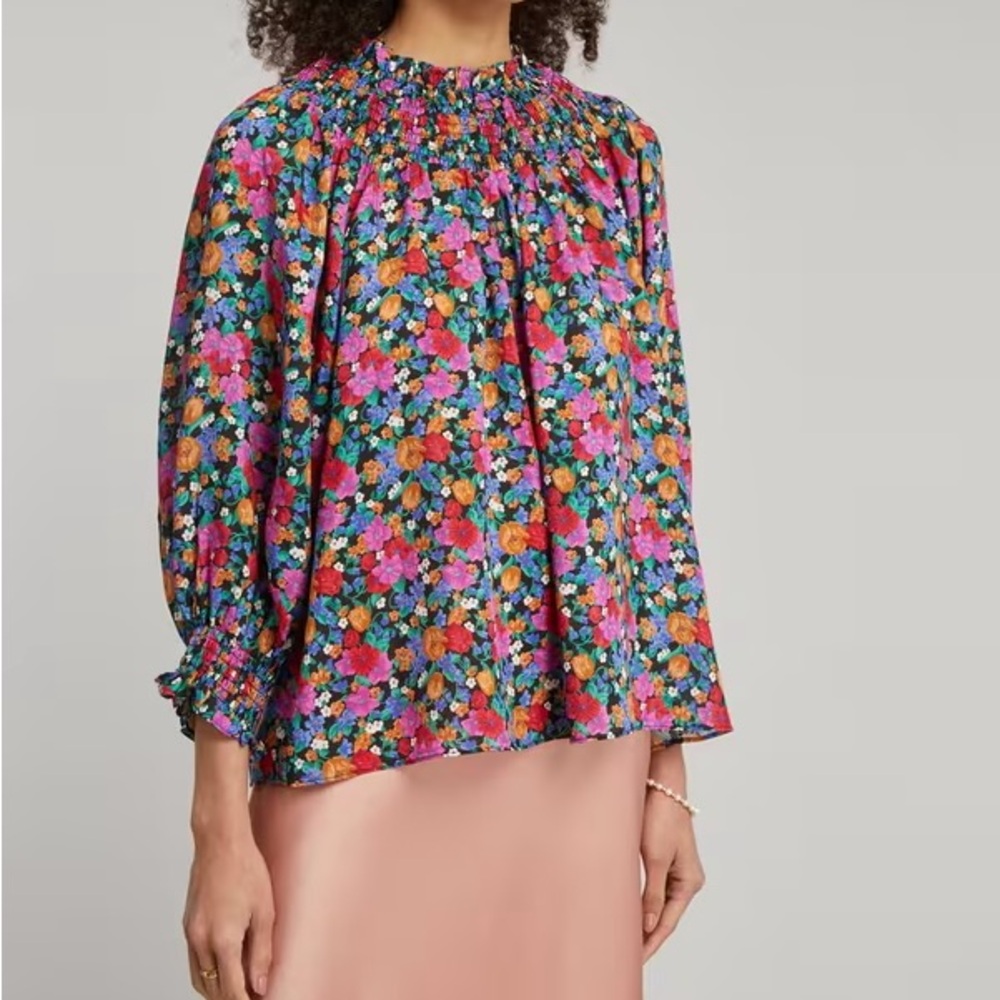 RIXO Multicolor smocked neck Floral Blouse